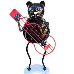 Black Cat Guitar Player Musician Statue Metal Sculpture Musician Bass 25 Inch